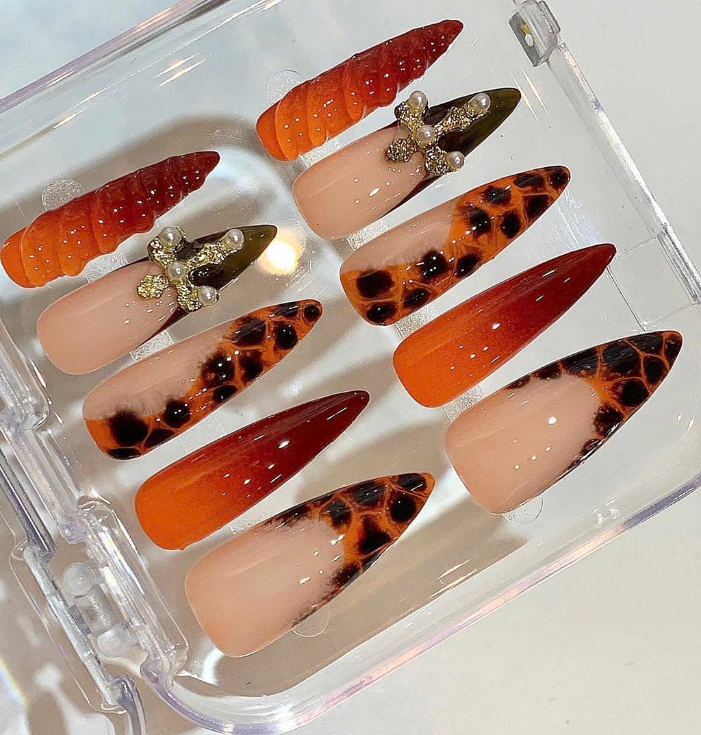 Orange Leopard Press On Nails with Cross Charm – Luxury Handmade Nail Set