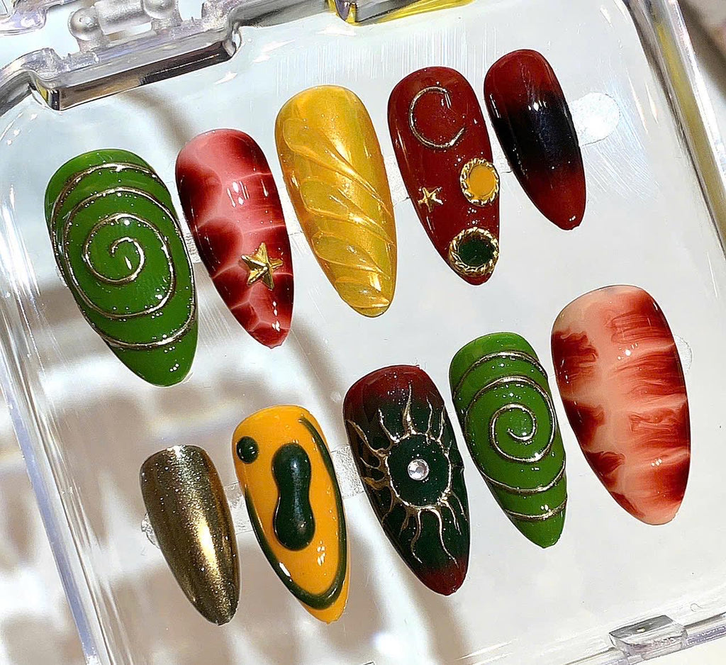 Green Red Gold Press On Nails – Abstract Moon Star Design, Luxury Handmade Nail Set