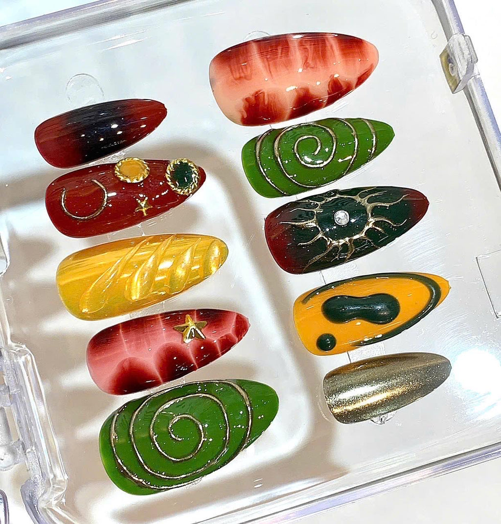 Green Red Gold Press On Nails – Abstract Moon Star Design, Luxury Handmade Nail Set
