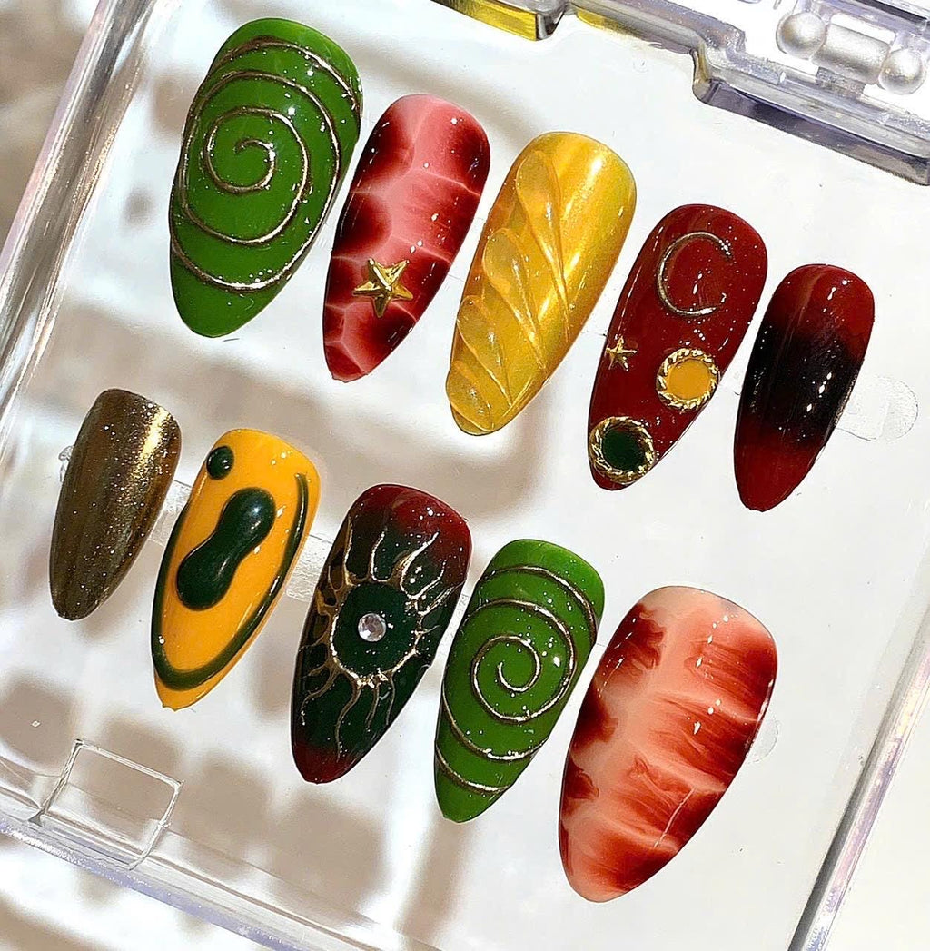 Green Red Gold Press On Nails – Abstract Moon Star Design, Luxury Handmade Nail Set