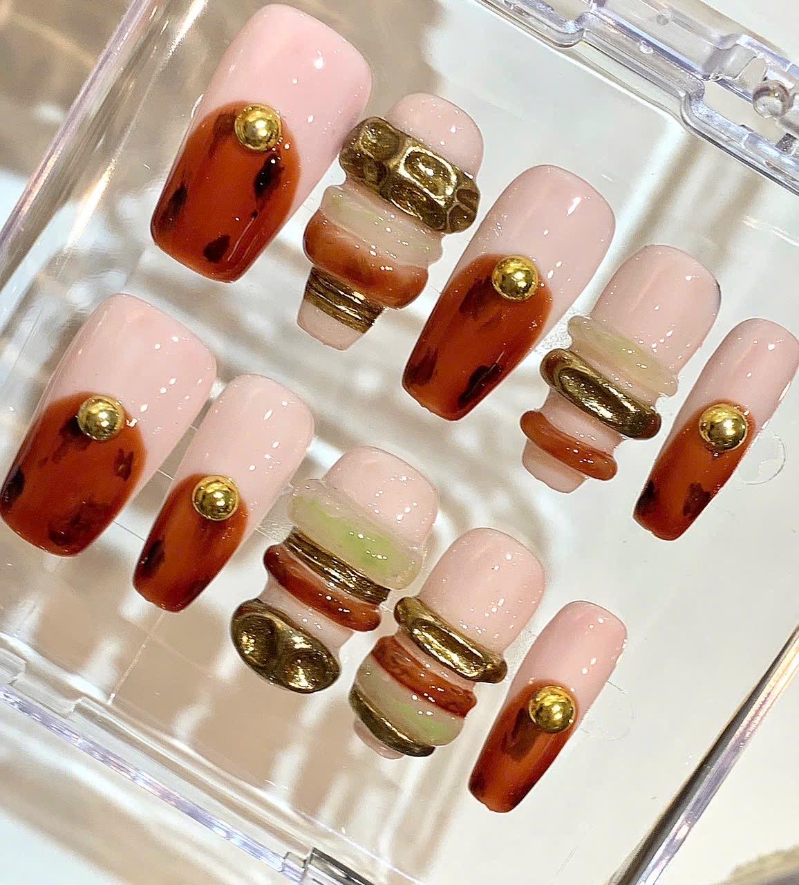 Nude Brown Press On Nails – 3D Gold Charm Luxury Nail Set
