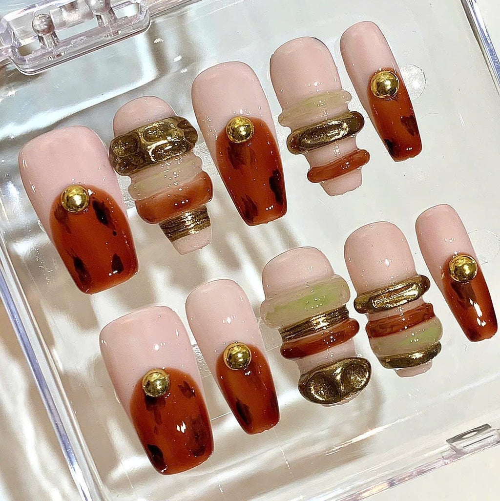 Nude Brown Press On Nails – 3D Gold Charm Luxury Nail Set