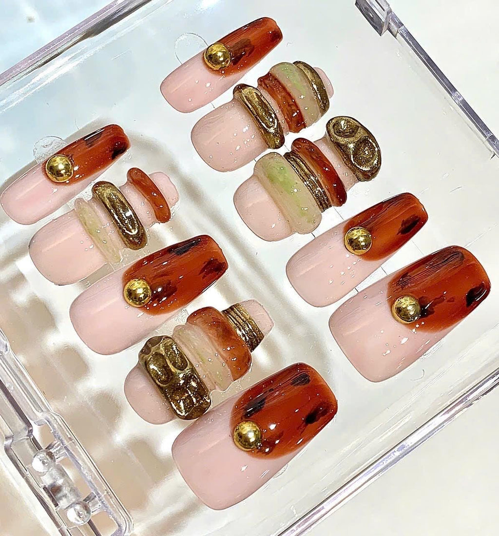 Nude Brown Press On Nails – 3D Gold Charm Luxury Nail Set