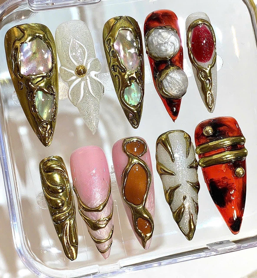 Gold 3D Press On Nails – Pearl, Crystal & Floral Luxury Nail Set