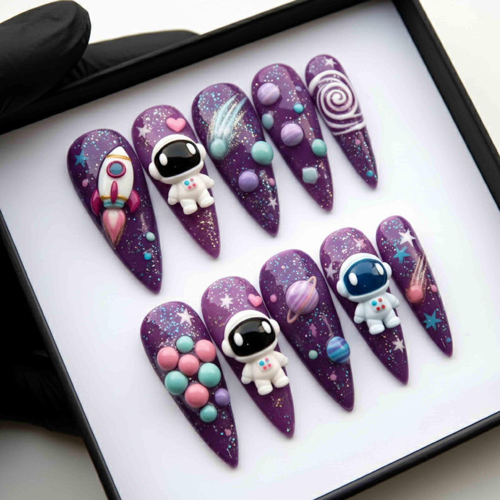 Handmade Space Press On Nails | Astronauts, Rockets, Planets & Shooting Stars | Long Stiletto Nails For Cosmic Vibes