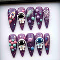 Handmade Space Press On Nails | Astronauts, Rockets, Planets & Shooting Stars | Long Stiletto Nails For Cosmic Vibes
