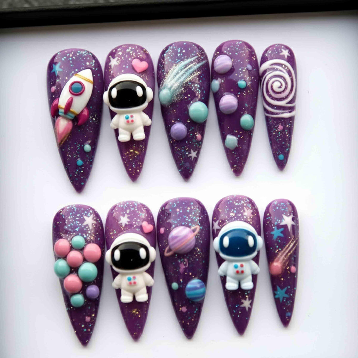 Handmade Space Press On Nails | Astronauts, Rockets, Planets & Shooting Stars | Long Stiletto Nails For Cosmic Vibes