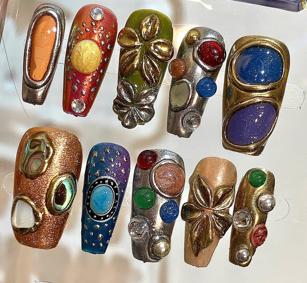 Boho Gemstone Press On Nails – Vintage Metallic 3D Nail Art Set