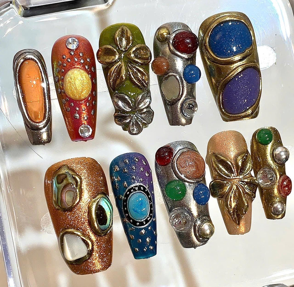 Boho Gemstone Press On Nails – Vintage Metallic 3D Nail Art Set