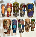 Boho Gemstone Press On Nails – Vintage Metallic 3D Nail Art Set
