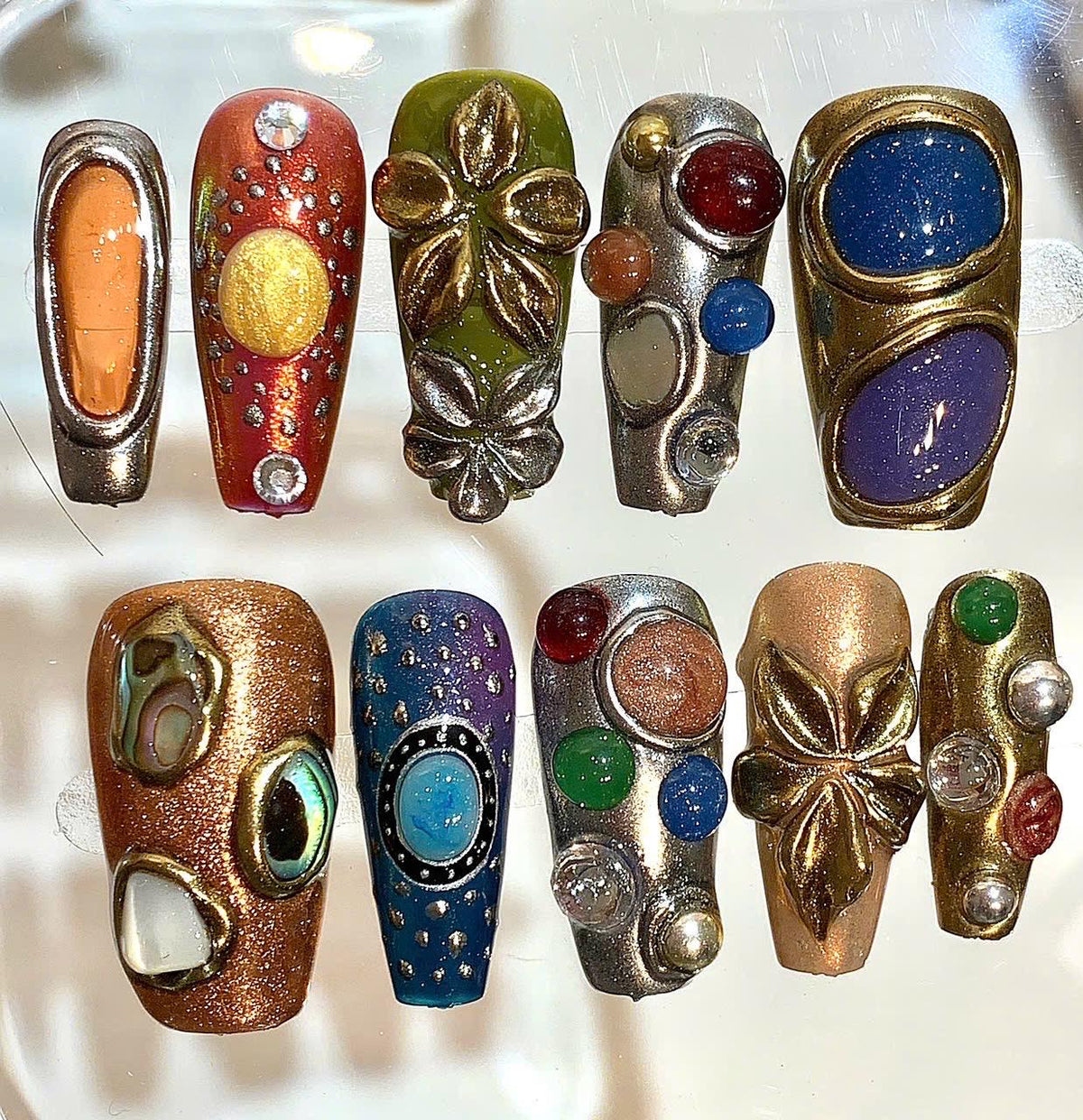 Boho Gemstone Press On Nails – Vintage Metallic 3D Nail Art Set