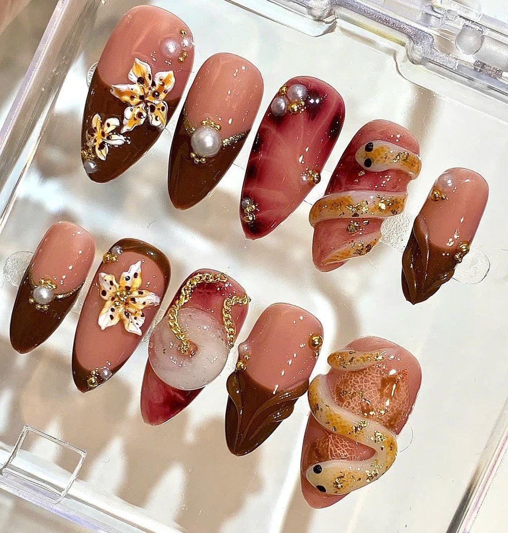 Brown Nude Press On Nails – 3D Snake & Floral Pearl Luxury Nail Set
