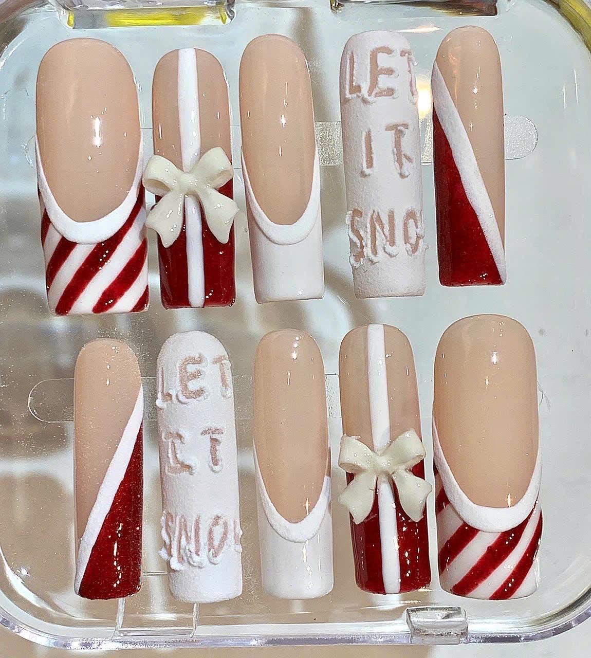 Christmas Candy Cane Press On Nails – Red White Let It Snow Nail Set
