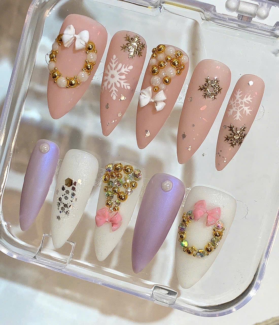 Pink Christmas Press On Nails – Snowflake & Bow Winter Nail Set