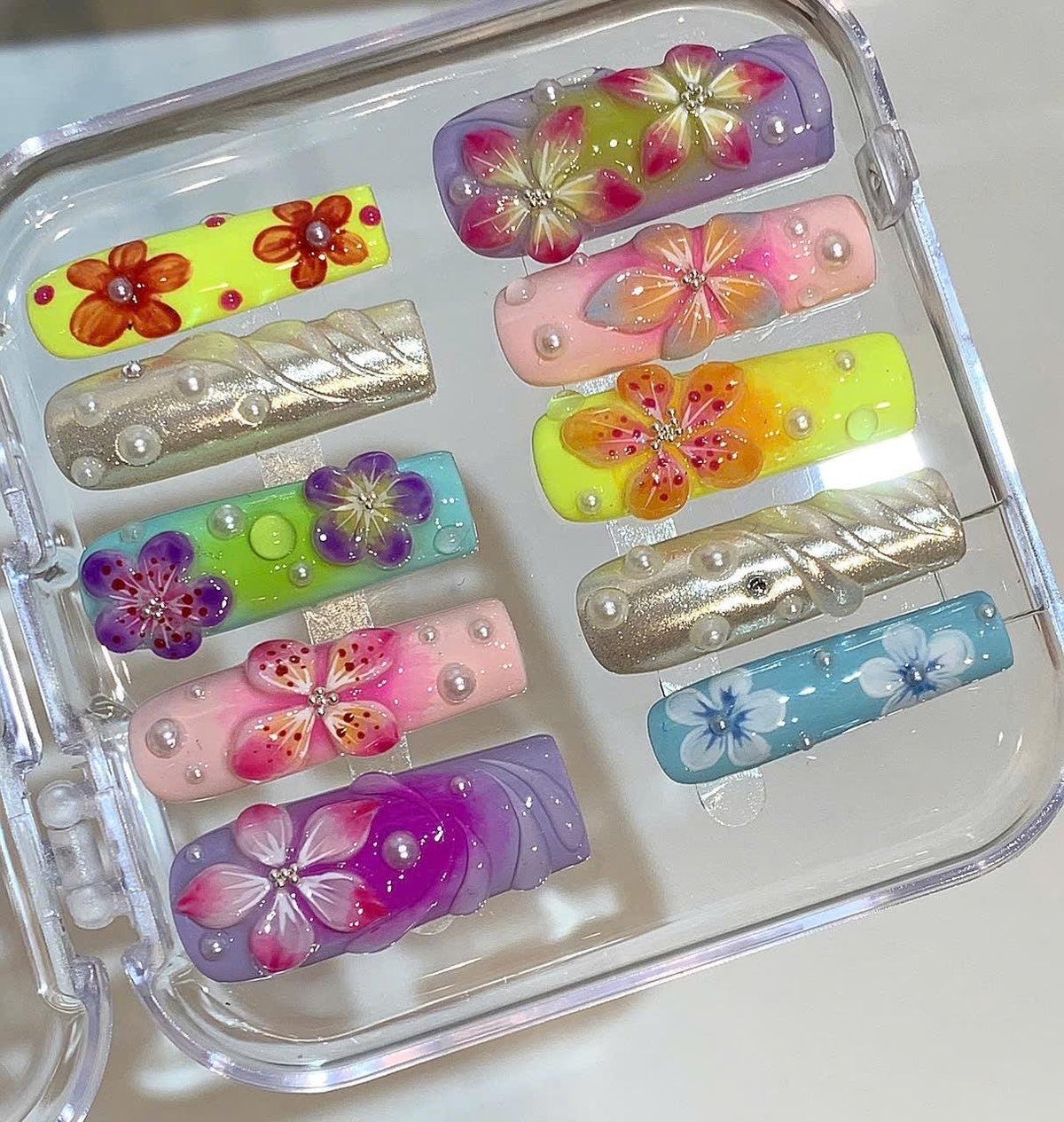 3D Tropical Flower Press On Nails – Colorful Summer Nail Set