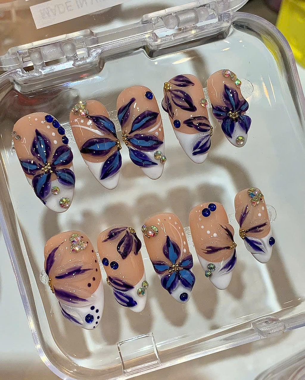3D Blue Floral Press On Nails: Rhinestone French Tip Nail Art
