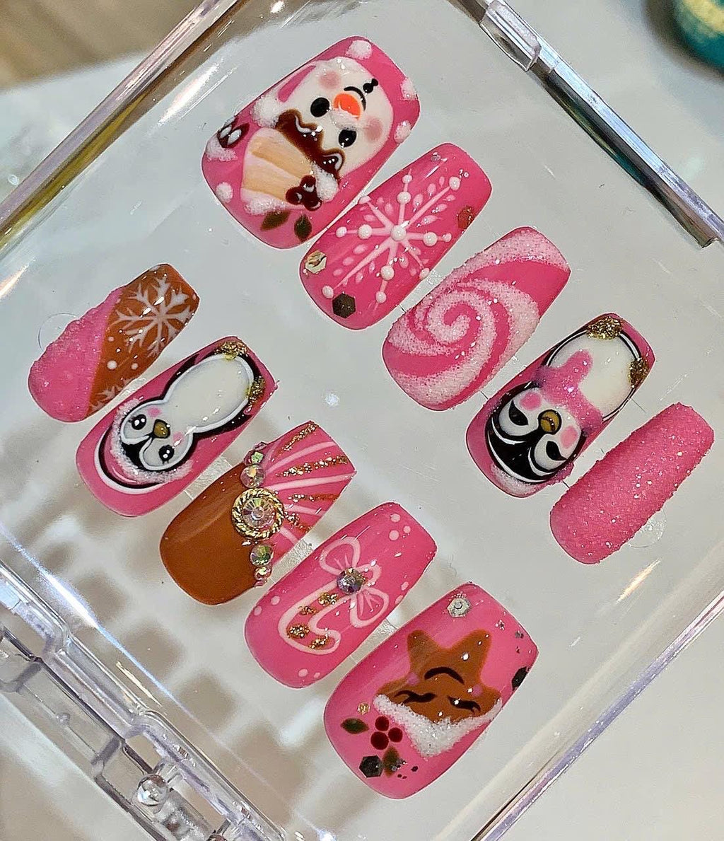 Pink Christmas Press On Nails – Snowman Penguin Holiday Set