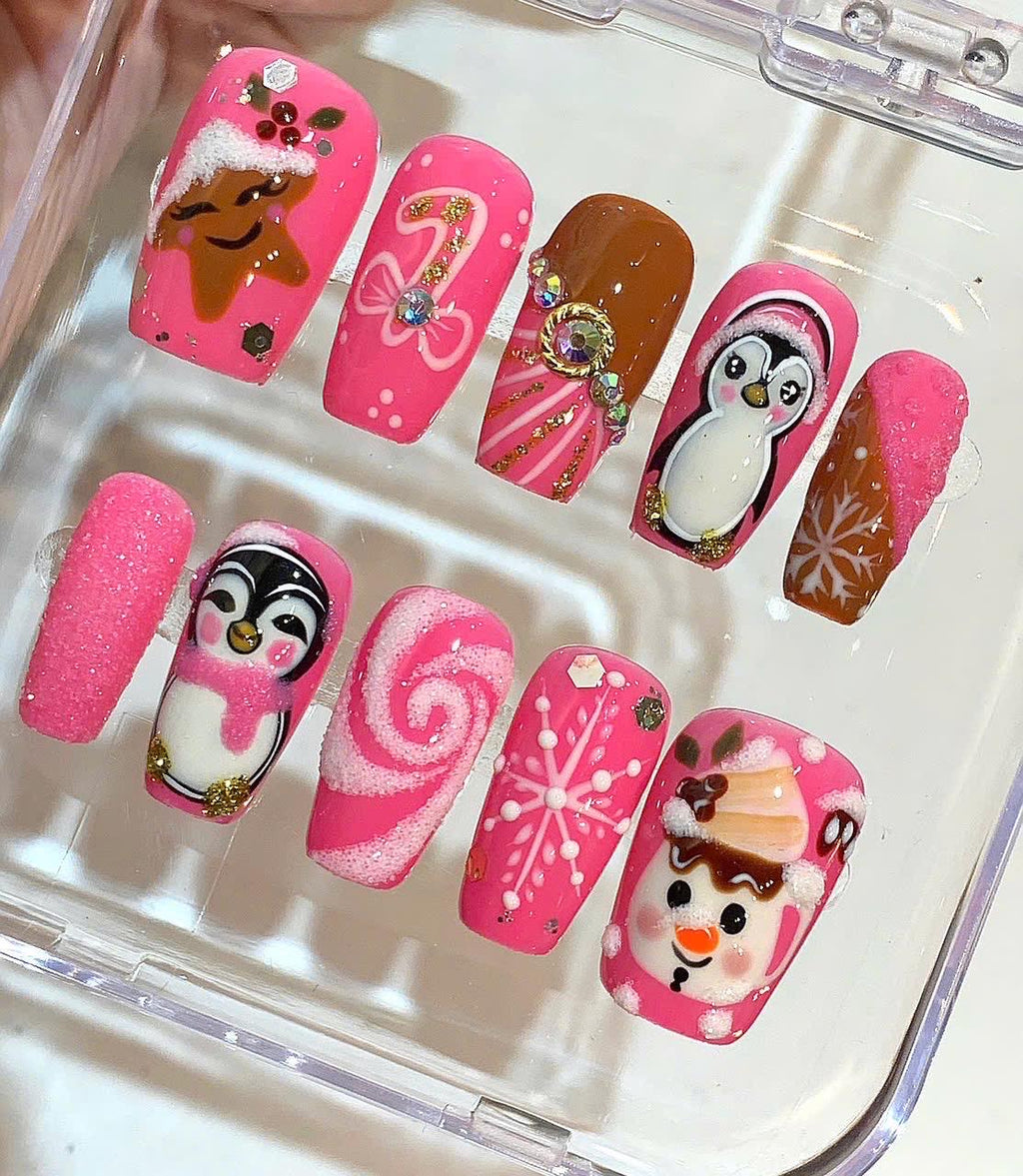 Pink Christmas Press On Nails – Snowman Penguin Holiday Set