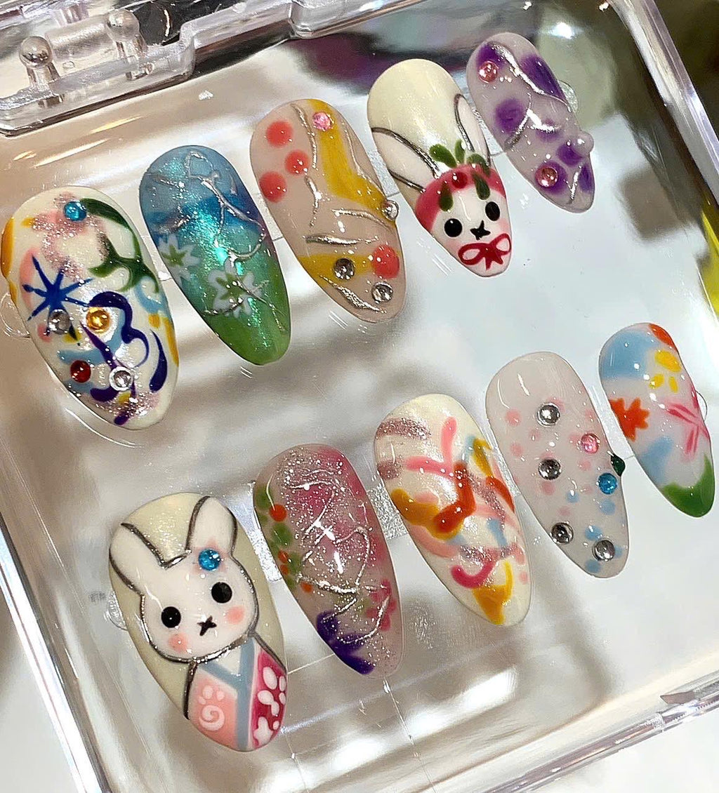 Kawaii Bunny Press On Nails – Japanese Kimono Nail Set
