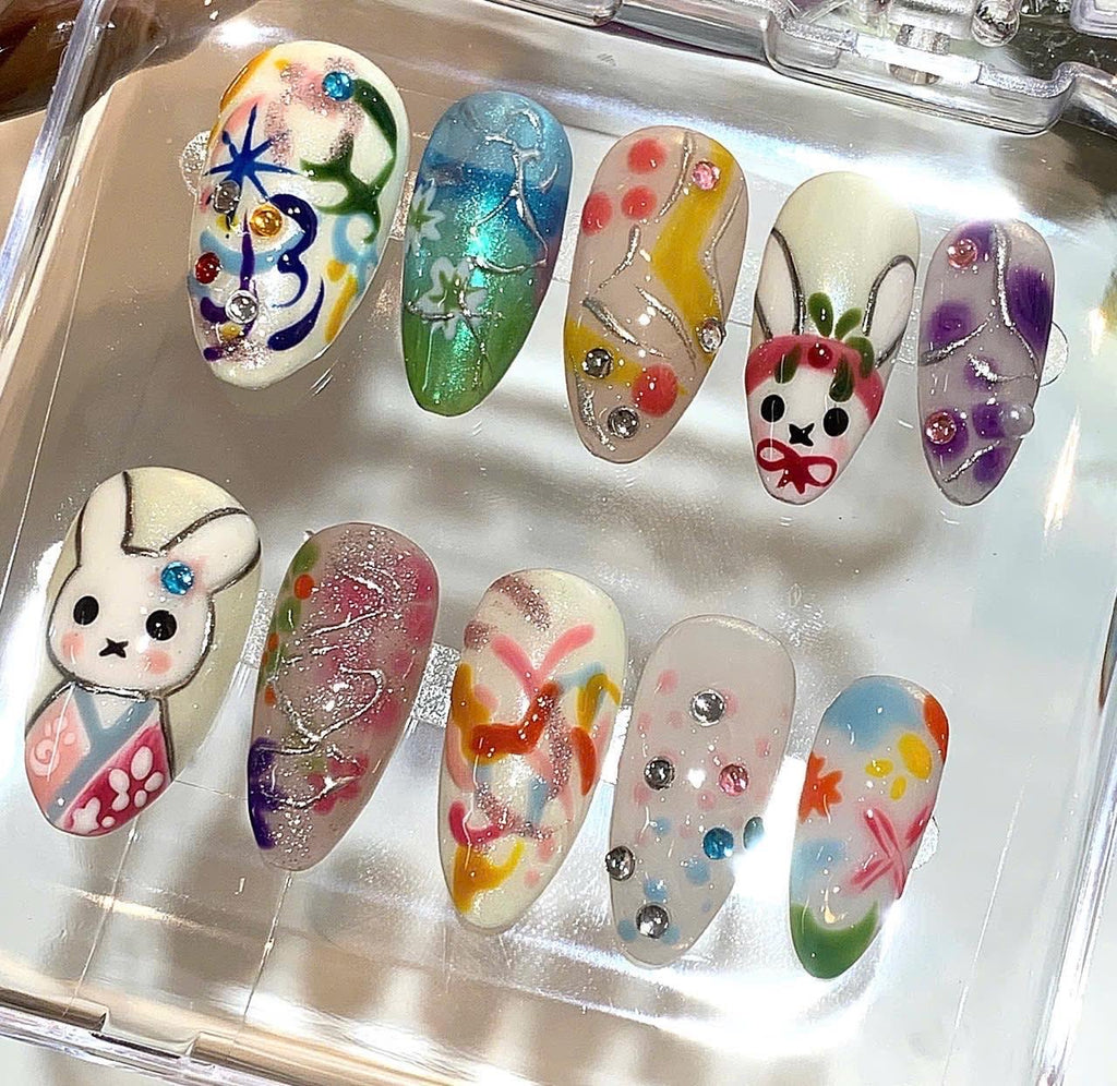 Kawaii Bunny Press On Nails – Japanese Kimono Nail Set