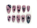 Mystic Winter Cat Press On Nails | Holiday Chrome Pink Nails | Cute Bow & Stars Nail Art | Christmas Gift for Her | JB1182BC