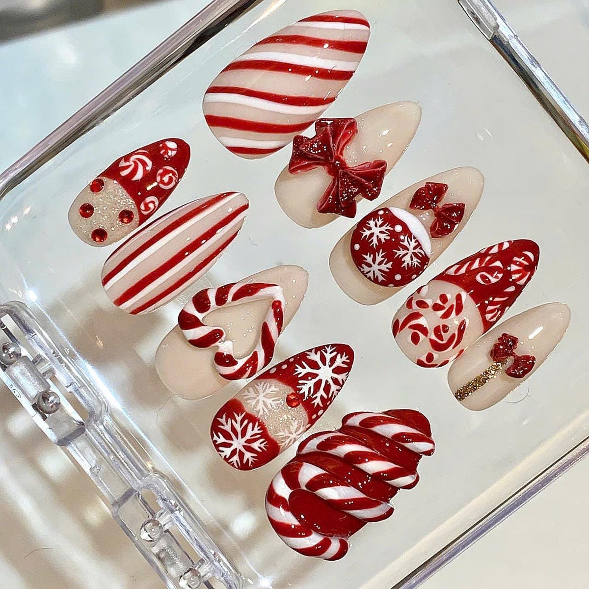 Candy Cane Christmas Press On Nails – Red White Bow & Snowflake Nail Set