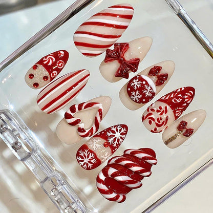 Candy Cane Christmas Press On Nails – Red White Bow & Snowflake Nail Set