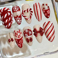 Candy Cane Christmas Press On Nails – Red White Bow & Snowflake Nail Set