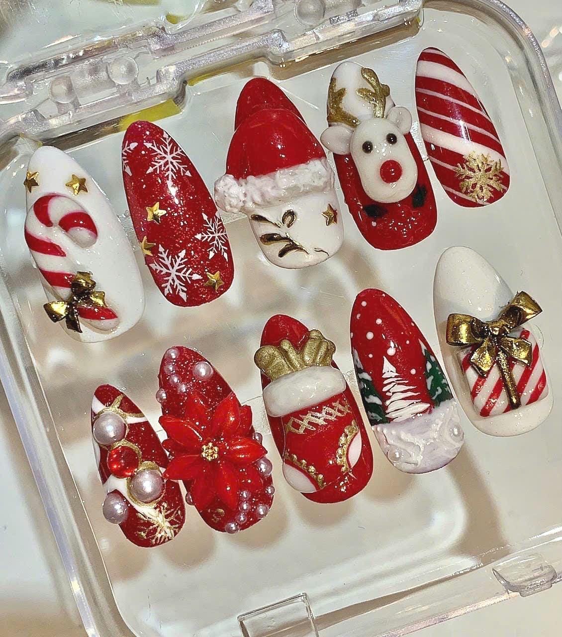 Christmas Press On Nails – Santa, Reindeer & Candy Cane Holiday Nail Set