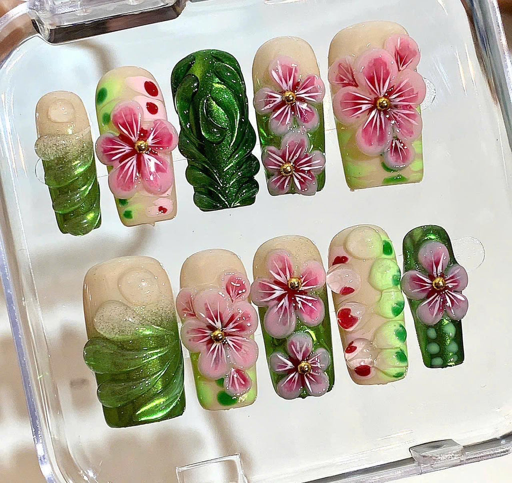 3D Floral Press On Nails – Green Pink Tropical Nail Set