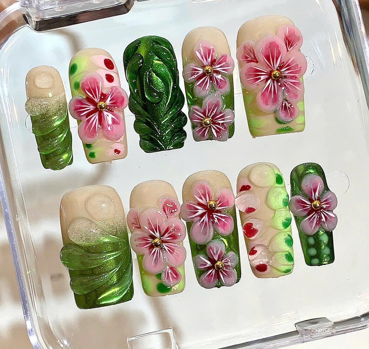 3D Floral Press On Nails – Green Pink Tropical Nail Set