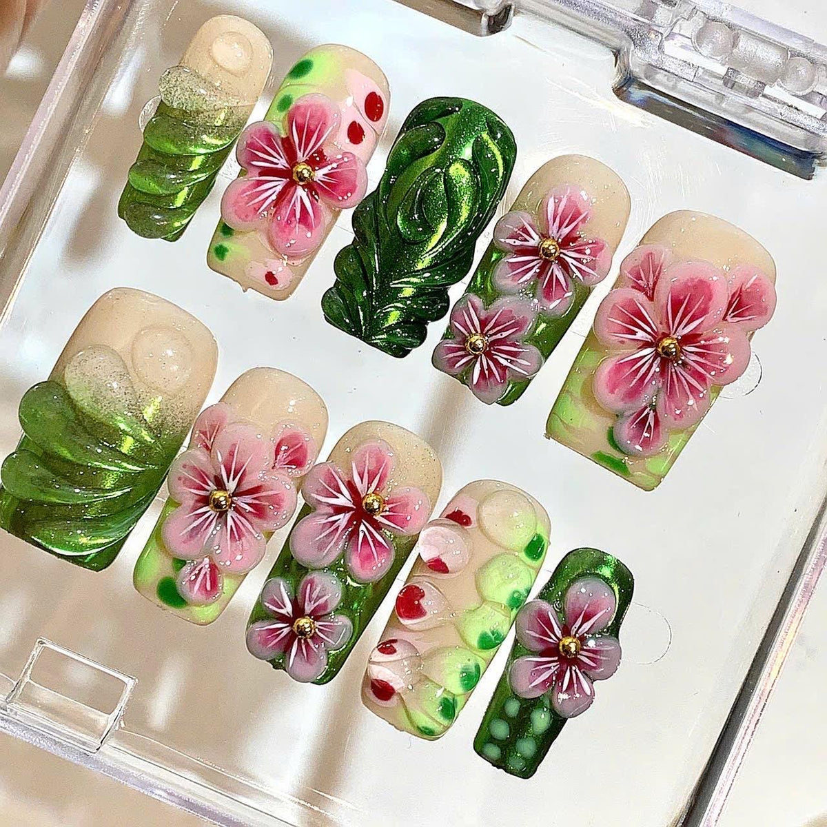 3D Floral Press On Nails – Green Pink Tropical Nail Set