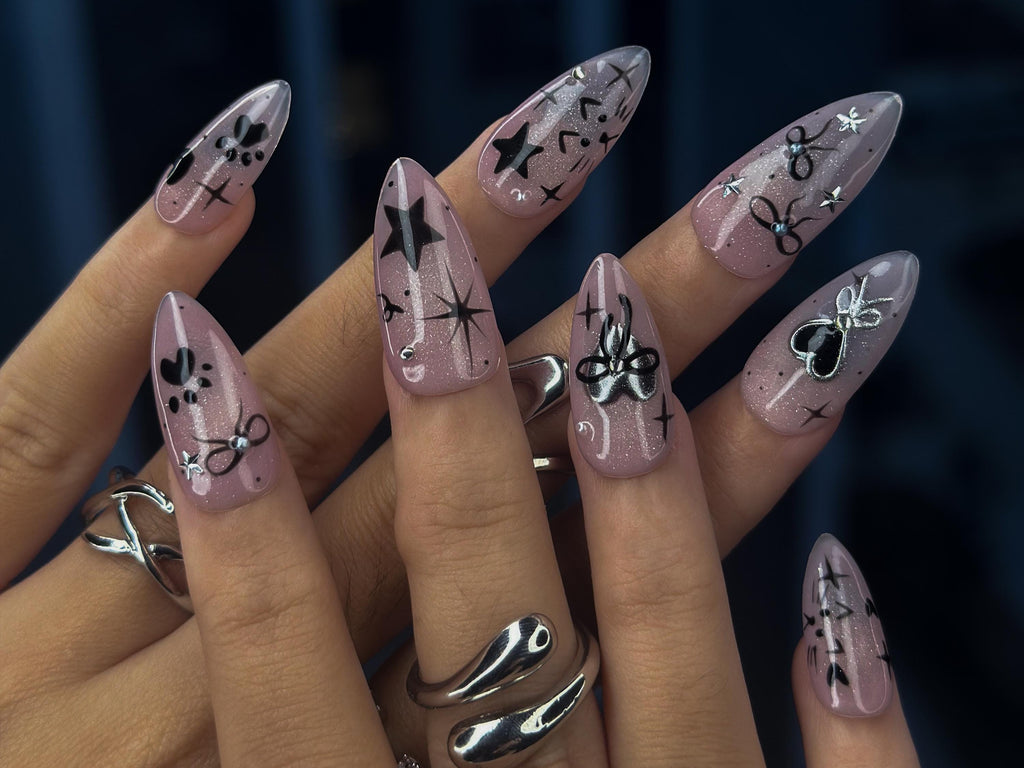 Mystic Winter Cat Press On Nails | Holiday Chrome Pink Nails | Cute Bow & Stars Nail Art | Christmas Gift for Her | JB1182BC