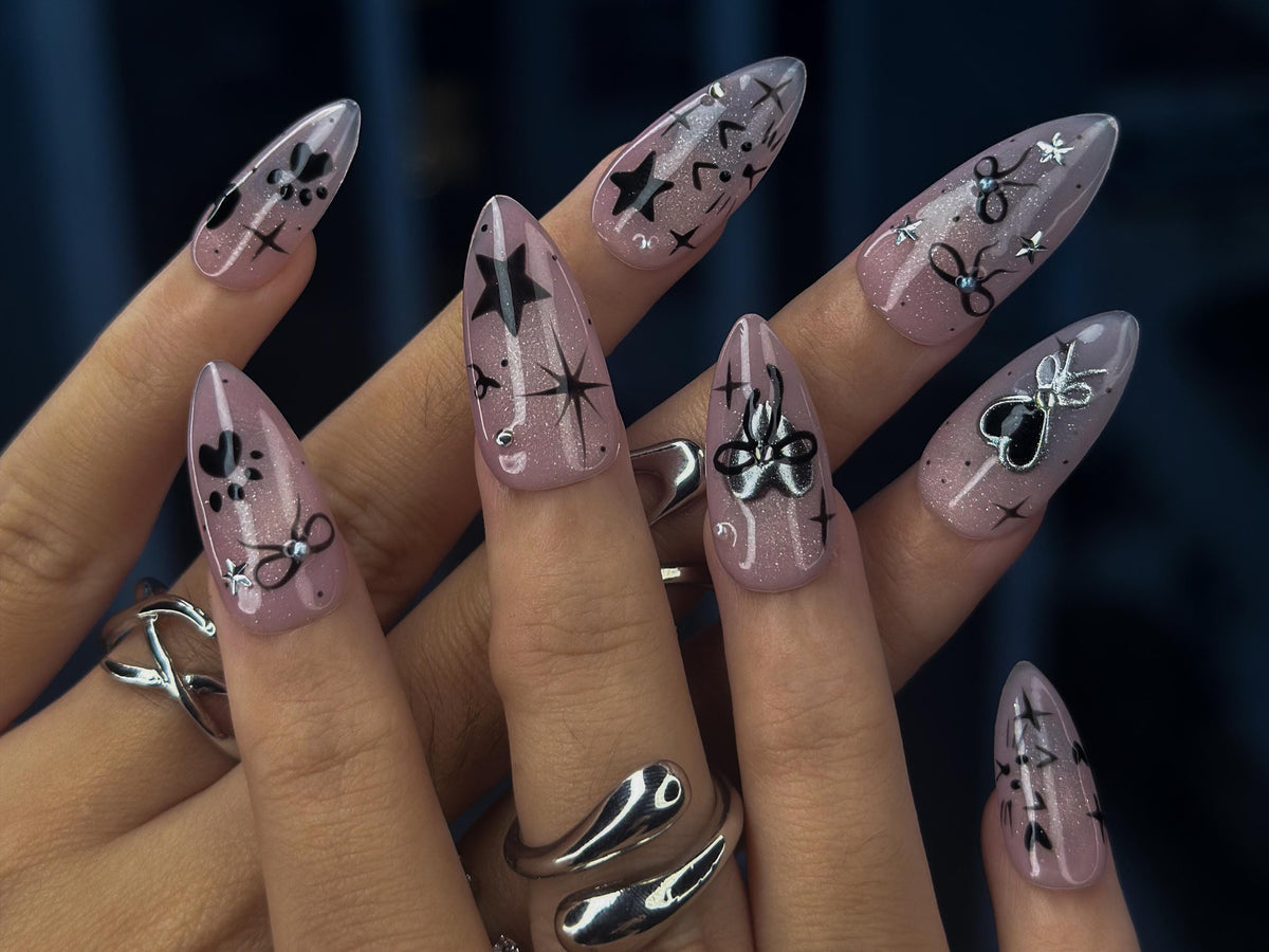 Mystic Winter Cat Press On Nails | Holiday Chrome Pink Nails | Cute Bow & Stars Nail Art | Christmas Gift for Her | JB1182BC