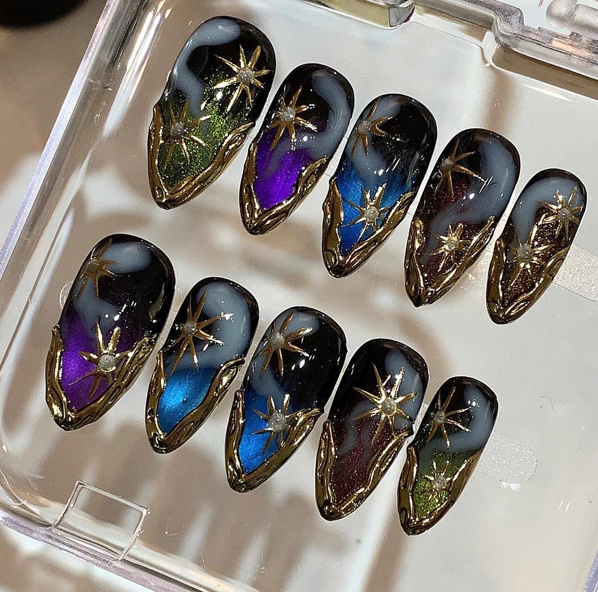 Celestial Galaxy Press On Nails: Starry Night Gold Chrome Ombre