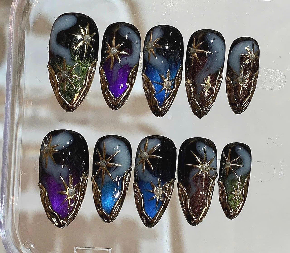 Celestial Galaxy Press On Nails: Starry Night Gold Chrome Ombre