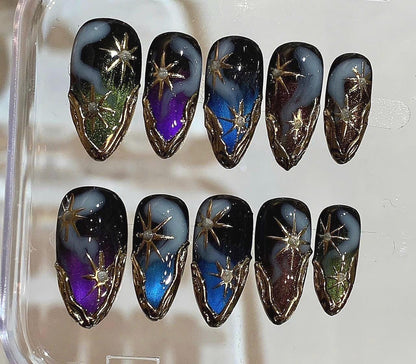 Celestial Galaxy Press On Nails: Starry Night Gold Chrome Ombre