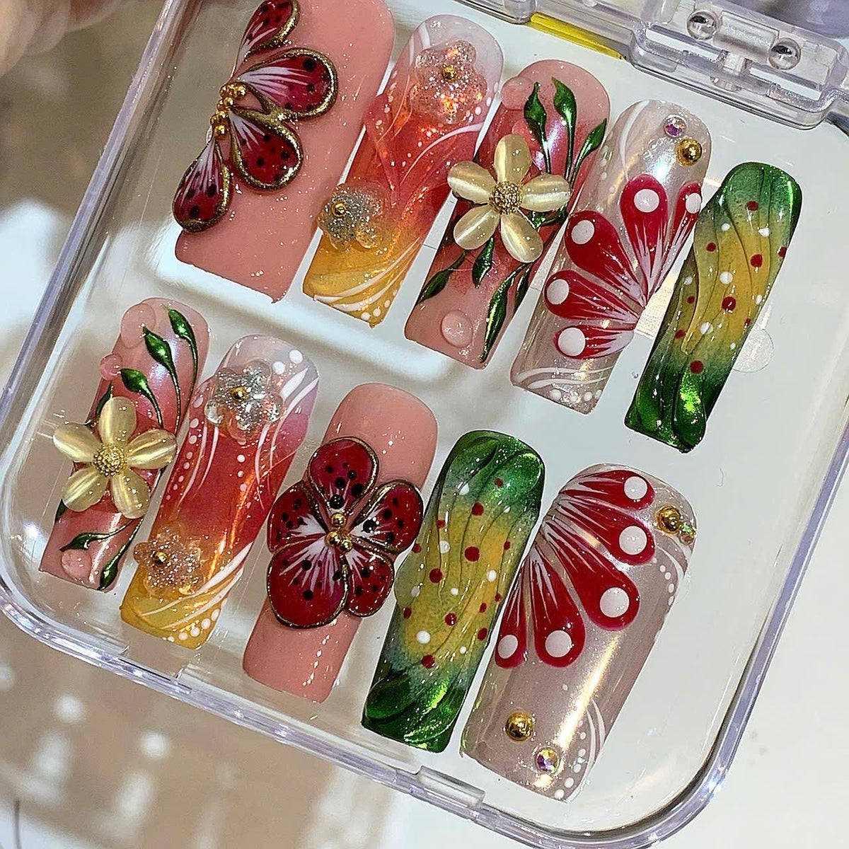 3D Tropical Flower Press On Nails – Bright Summer Nail Set