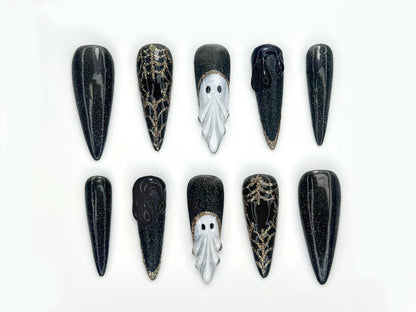 Midnight Phantom Press On Nails | Gothic Ghost Nail Art |Black Sparkle with 3D Ghost & Web Details | Handmade Long Coffin Press Ons |JC141EK