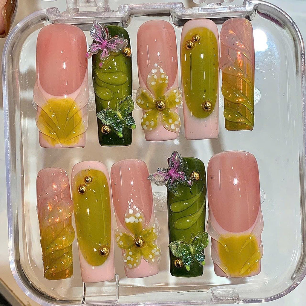 3D Green Yellow Floral Press On Nails – Elegant Spring Nail Set