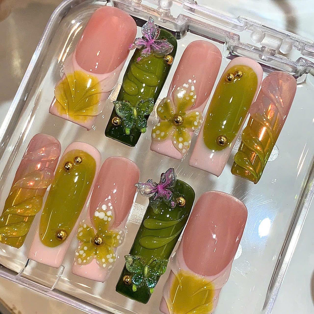 3D Green Yellow Floral Press On Nails – Elegant Spring Nail Set