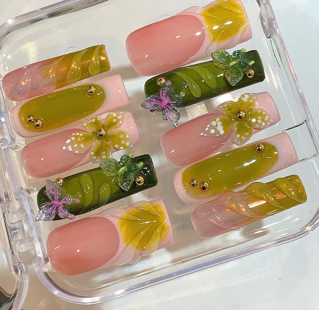 3D Green Yellow Floral Press On Nails – Elegant Spring Nail Set