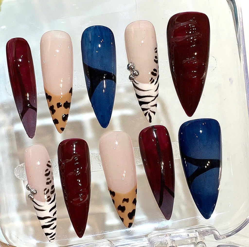 Animal Print Press On Nails | Leopard Zebra Nail Set | Red Blue Nude Fake Nails
