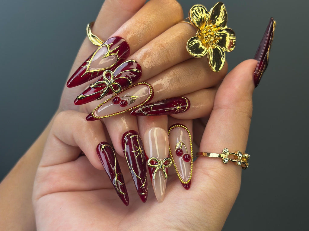 Wine Red Fall Press On Nails | Burgundy & Gold Nail Art | Autumn Holiday Nails | Handmade Glam Nail Set | Elegant Long Nails | JC1137BC