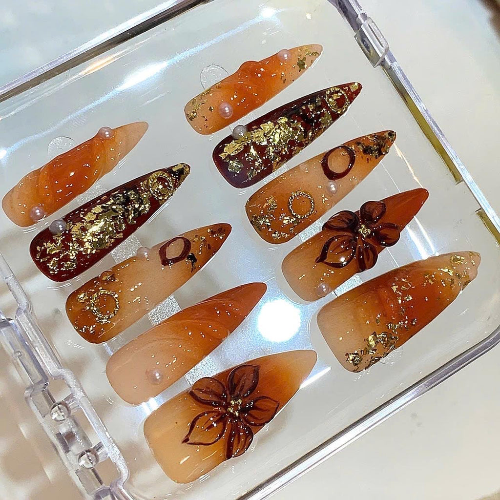 Caramel Gold Foil Press On Nails – Elegant Autumn Nail Set