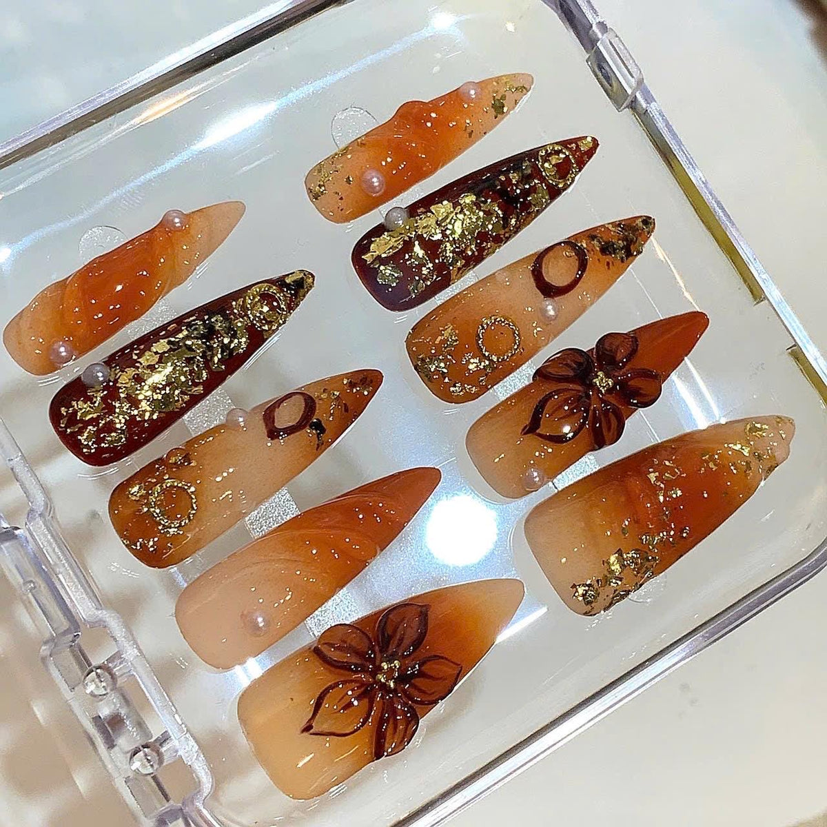 Caramel Gold Foil Press On Nails – Elegant Autumn Nail Set