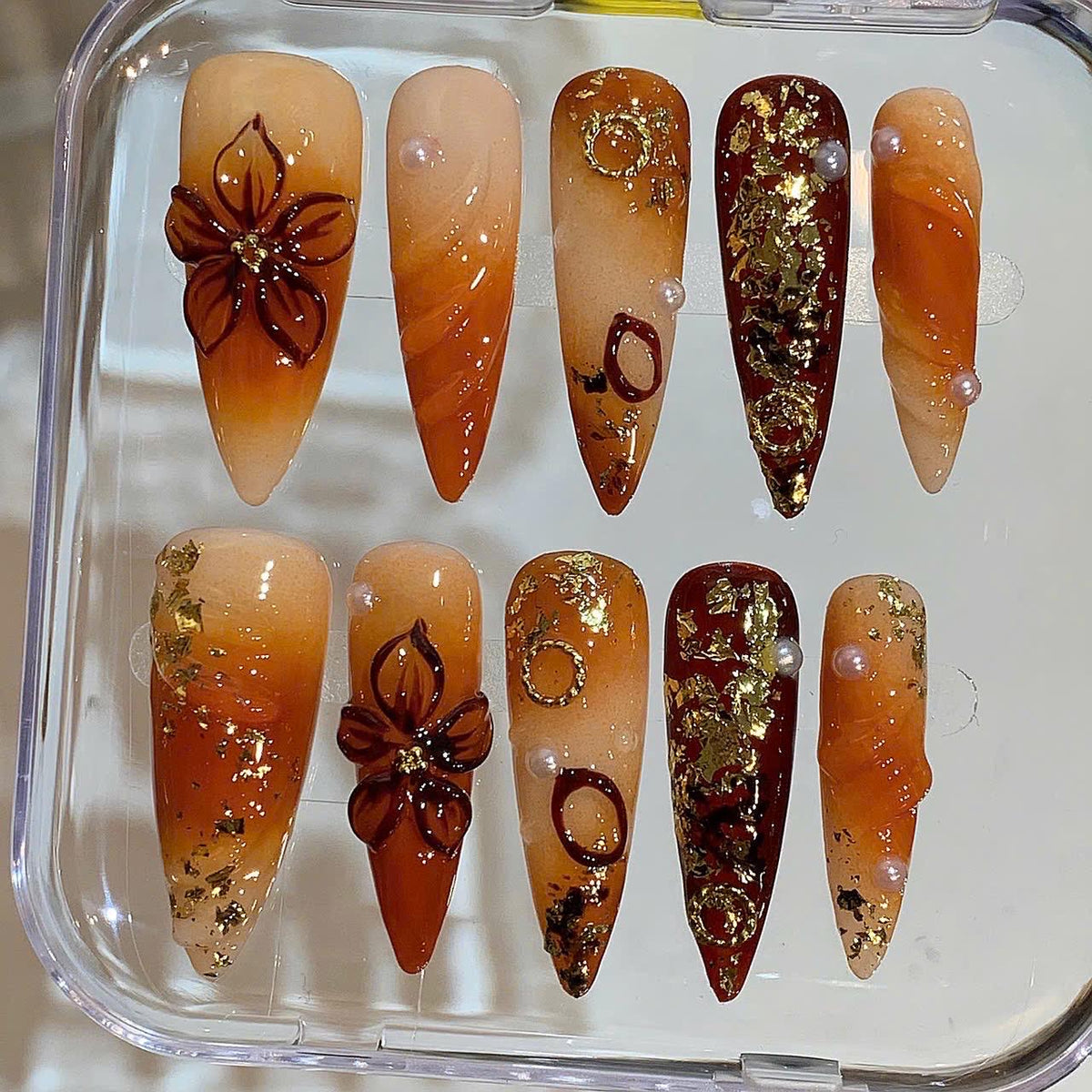Caramel Gold Foil Press On Nails – Elegant Autumn Nail Set