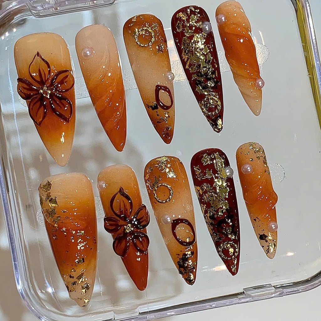 Caramel Gold Foil Press On Nails – Elegant Autumn Nail Set