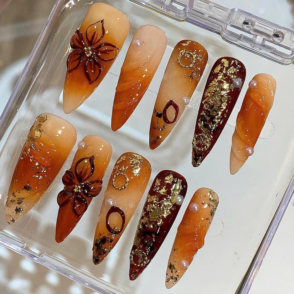 Caramel Gold Foil Press On Nails – Elegant Autumn Nail Set
