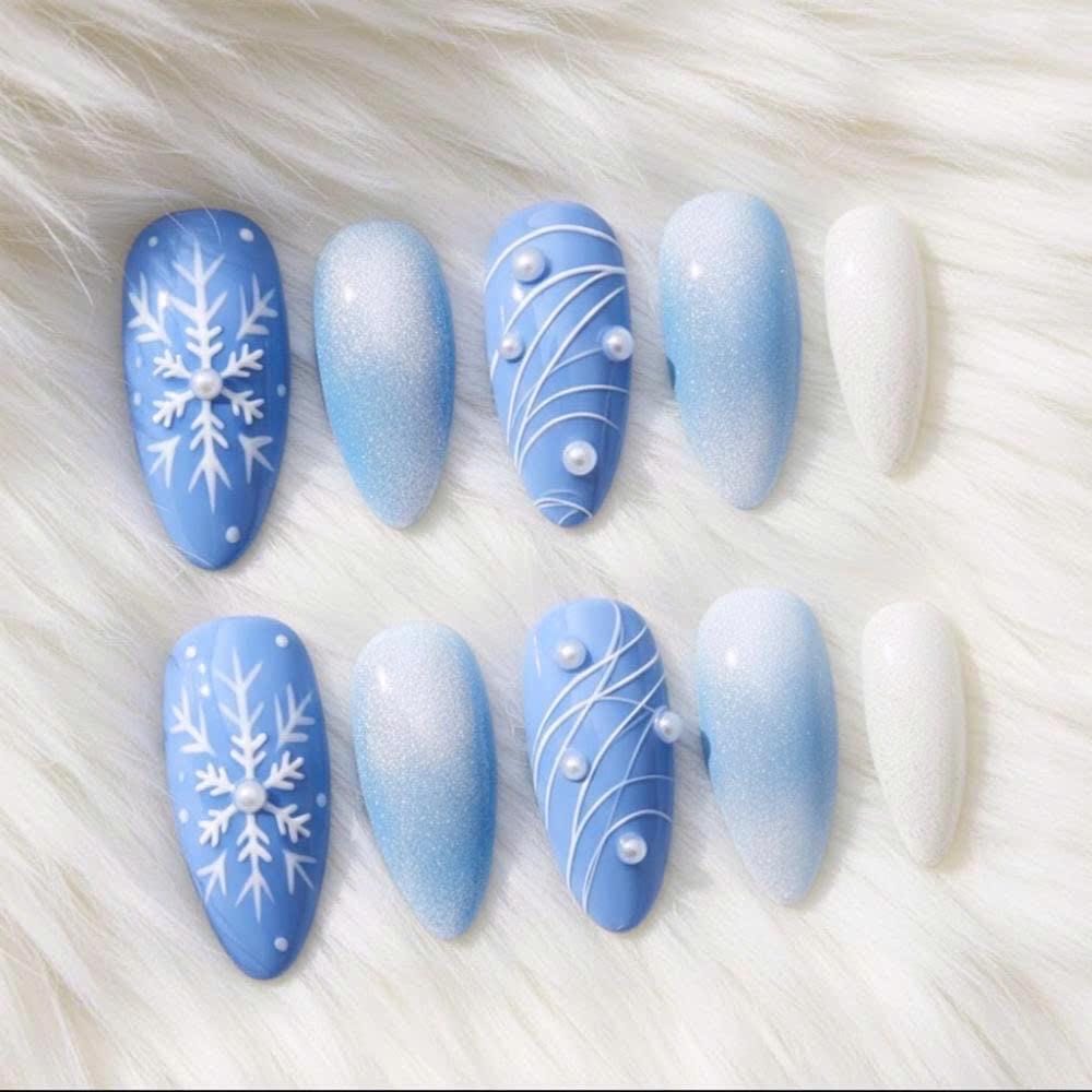 Blue Snowflake Press On Nails – Frozen Winter Nail Set